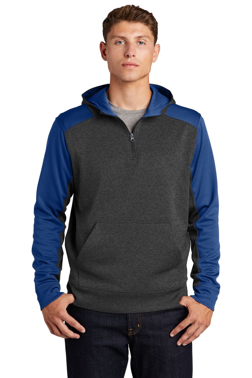 Sport-Tek® Tech Fleece Colorblock 1/4-Zip Hooded Sweatshirt in Graphite Royal with Left Chest Logo#1