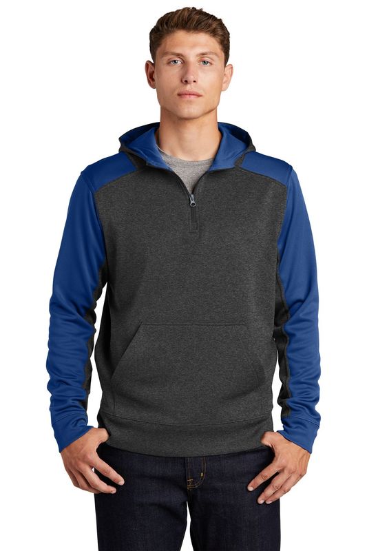 Sport-Tek® Tech Fleece Colorblock 1/4-Zip Hooded Sweatshirt in Graphite Royal with Left Chest Logo#1
