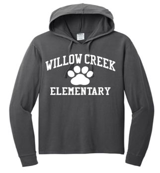 Port & Co™ Beach Wash® Garment-Dyed Pullover Hooded Tee in Coal with Willow Creek Elementary on full chest
