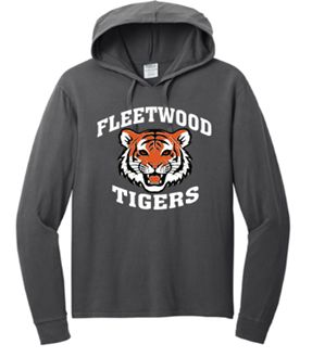 Port & Co™ Beach Wash® Garment-Dyed Pullover Hooded Tee in Coal with Fleetwood Tigers on full chest