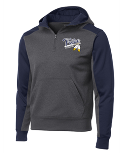 Sport-Tek® Tech Fleece Colorblock 1/4-Zip Hooded Sweatshirt in Graphite/Navy with Logo on Left Shoulder
