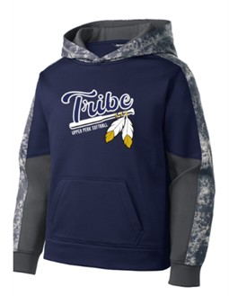 Sport-Tek® Sport-Wick® Mineral Freeze Fleece Colorblock Hooded Pullover in Heather/Navy with Logo on Full Chest