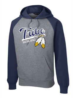 Sport-Tek® Raglan Colorblock Pullover Hooded Sweatshirt in Heather/Navy with Logo on Full Chest