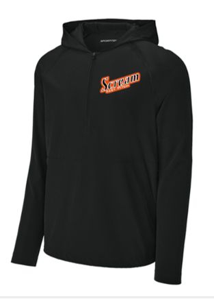 Sport-Tek® Repeat 1/2-Zip Long Sleeve Hooded Jacket in Black with Logo on Left Chest