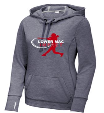 Sport-Tek® Women's PosiCharge® Tri-Blend Wicking Fleece Hooded Pullover in Grey Heather with Logo on Front