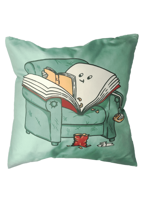 Kissen - Lesendes Buch Kissenmotiv mint: Ein Buch liegt, ein Buch lesend, auf einem Sessel. Krümel auf dem Sitz und Getränkedose in der Hand.