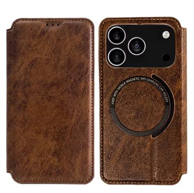 Кожен калъф тефтер за IPhone 17 pro кафяв