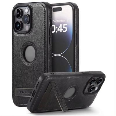 Кожен калъф  с магнитна стойка за IPhone 15 pro черен
