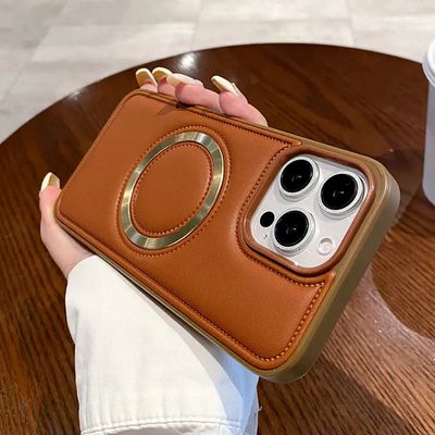 Luxury PU Leather Magnetic Mobile Phone Pouch For iPhone 16 brown