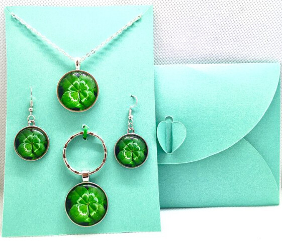 Earring, Pendant, Necklace, Chain, Key Ring Jewellery Gift Set, Lucky Irish 4 Leaf Shamrock Clover