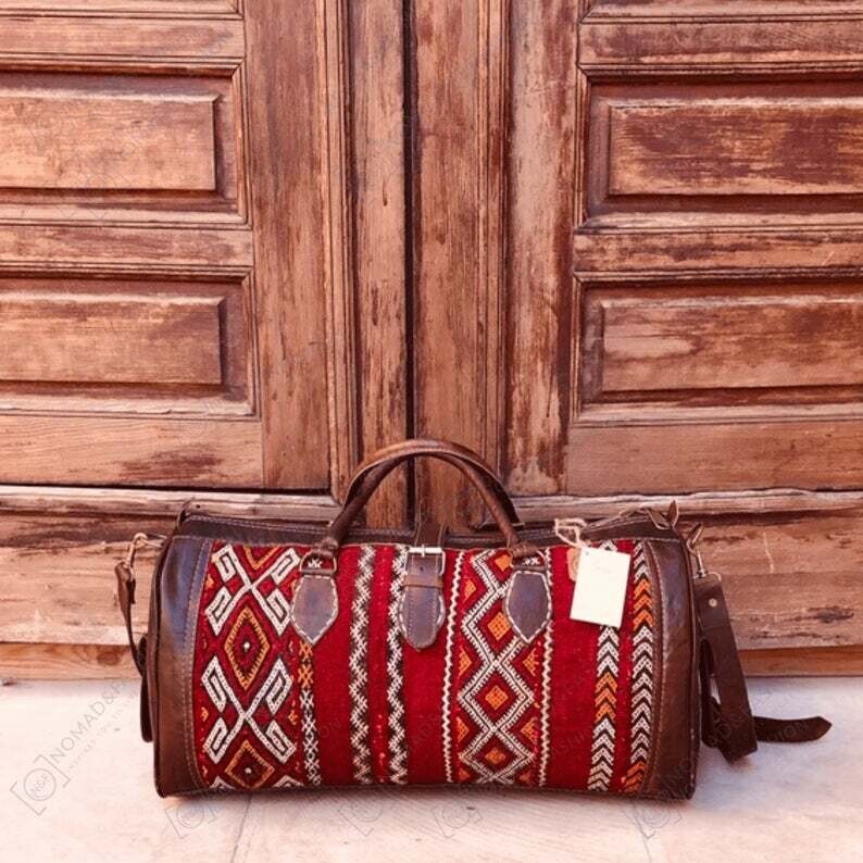 Travel adventure Leather Bag kilim Boho Weekend Bag, Kilim Travel Bag, Duffel bag, carpet Bag, rug design , vintage carpet ,stylish Handbag
