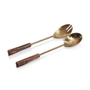 GOLD SALAD SERVER w/ WOODEN HANDLE
