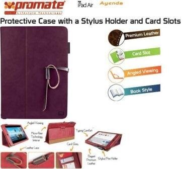 Promate Agenda Premium Protective Leather Case with Stylus Holder and Card Slot for iPad Air-Purple