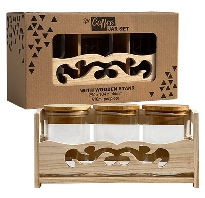 3PC coffee jar set w/wooden stand in gift box 29X14X10CM - 510ML
