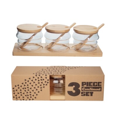 3PC condiment set w/wooden spoon &amp; tray