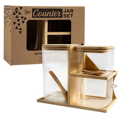 3PC counter jar set w/wooden stand in gift box 17.5X22X11CM - 1.2LT / 600ML / 400ML