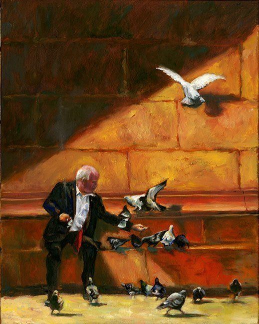 "Man Feeding Pigeons" by Joyce Hall