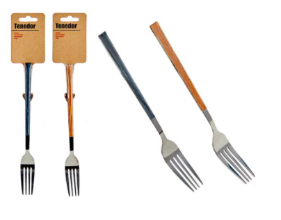 TENEDOR MANGO MADERA NATURAL Y GRIS