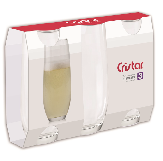 SET 3 VASOS /COPAS FLAUTA SIN PIE 280ML CRISTAR