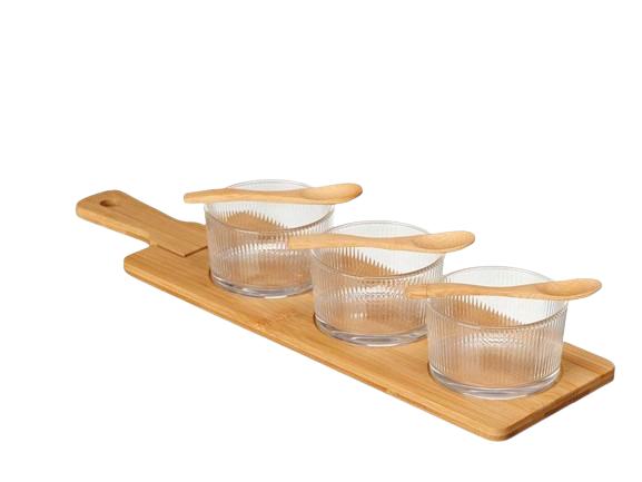 SET 3 DEEPS DE VIDRIO C/CUCHARA Y BANDEJA DE MADERA KINVARA