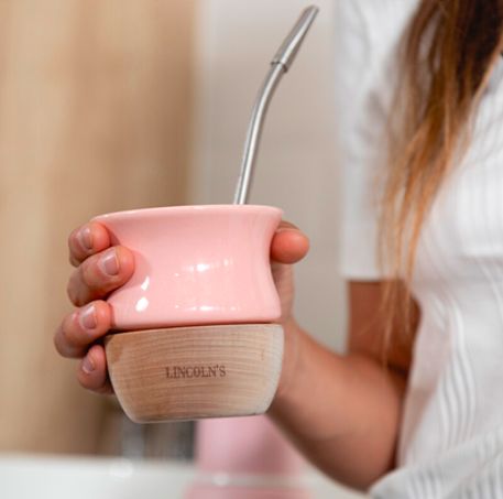MATE NAURU BASE MADERA CERAMICA ROSA  LINCOLNS