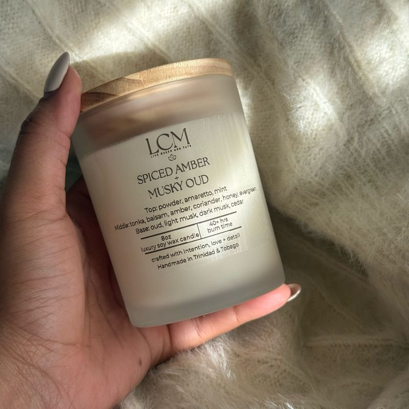 Spiced Amber + Musky Oud | 8oz Premium Soy Wax Candle | Handcrafted in Trinidad &amp; Tobago | Candles | Luxury | LiveCheerMeditate