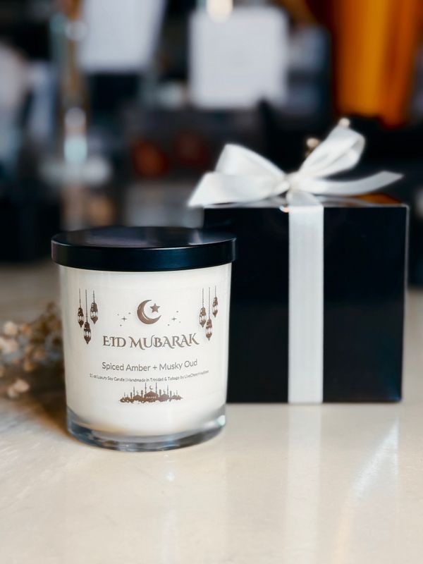 11oz Eid Mubarak Spiced Amber + Musky Oud | Premium Soy Wax Candle Gift Boxed | Handcrafted in Trinidad &amp; Tobago | Candles | Eid Mubarak | LiveCheerMeditate