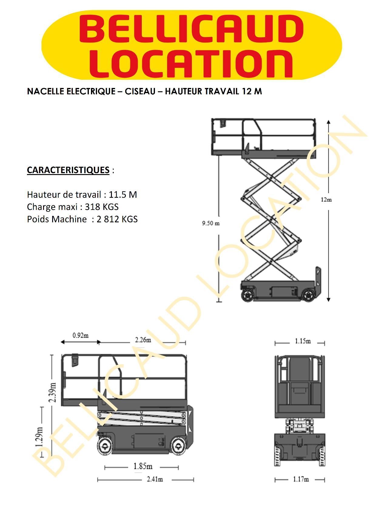 NACELLE ELECTRIQUE - CISEAU - HAUTEUR TRAVAIL 12 M