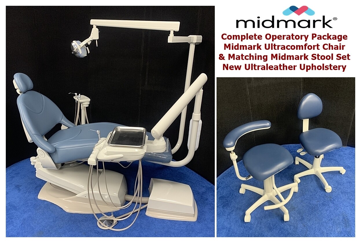 Midmark UltraComfort Dental Operatory Package w/ Stool Set - Radius Delivery, Assistant Pkg. & Light - Color of Choice - Plush, Ultraleather Upholstery *Refurbished Midmark UltraComfort Dental Operatory Package w/ Stool Set - Radius Delivery, Assistant Pkg. & Light - Color of Choice - Plush, Ultraleather Upholstery *Refurbished