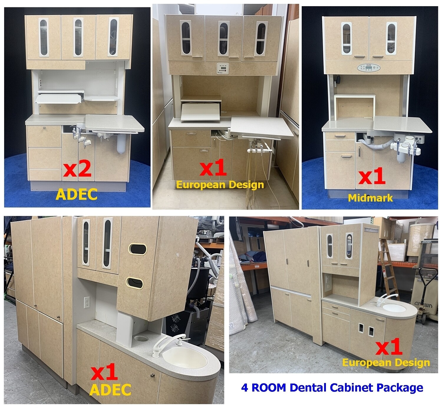 4 ROOM Dental Office Cabinet Package - ADEC, Midmark, European Design - 4 Rear Treatments, 2 Center Islands (Sandstone) *Certified Used Condition 4 ROOM Dental Office Cabinet Package - ADEC, Midmark, European Design - 4 Rear Treatments, 2 Center Islands (Sandstone) *Certified Used Condition