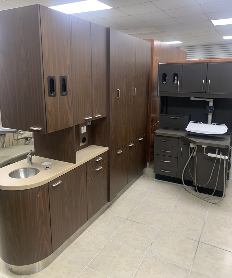 2 ROOM Midmark & Custom Dental Office Cabinet Package - 2 Rear Treatments w/ Assistant Pkg. (Dark Brown) & 1 Center Island (Walnut) *Certified Used Condition