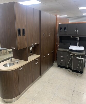 2 ROOM Midmark & Custom Dental Office Cabinet Package - 2 Rear Treatments w/ Assistant Pkg. (Dark Brown) & 1 Center Island (Walnut) *Certified Used Condition