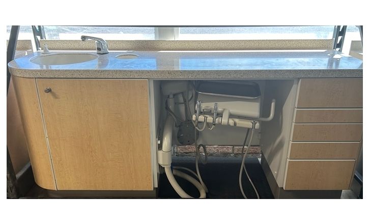 ADEC 5531 Dental Side Cabinet w/ Left Side Sink & Automatic Faucet - Baha Melange Solid Surface Countertop (72"L) - Limber Maple Laminate - Delivery Unit Access Area *Excellent Used Condition