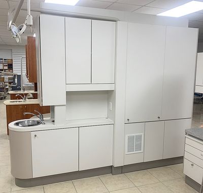 ADEC 5543 Center Island Dental Console (White / Beige) w/ X-Ray Pass Through & Privacy Doors *Certified Used Condition