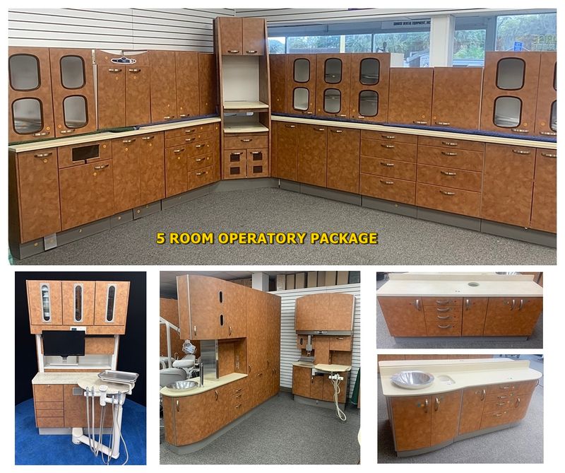 ADEC / Pelton & Crane 5 Room Cabinet Package - 5 Rear Treatments w/ Assistant Pkg. - 3 Center Islands - 4 Side Cabinets - Sterilization Center *Certified Used Condition ADEC / Pelton & Crane 5 Room Cabinet Package - 5 Rear Treatments w/ Assistant Pkg. - 3 Center Islands - 4 Side Cabinets - Sterilization Center *Certified Used Condition