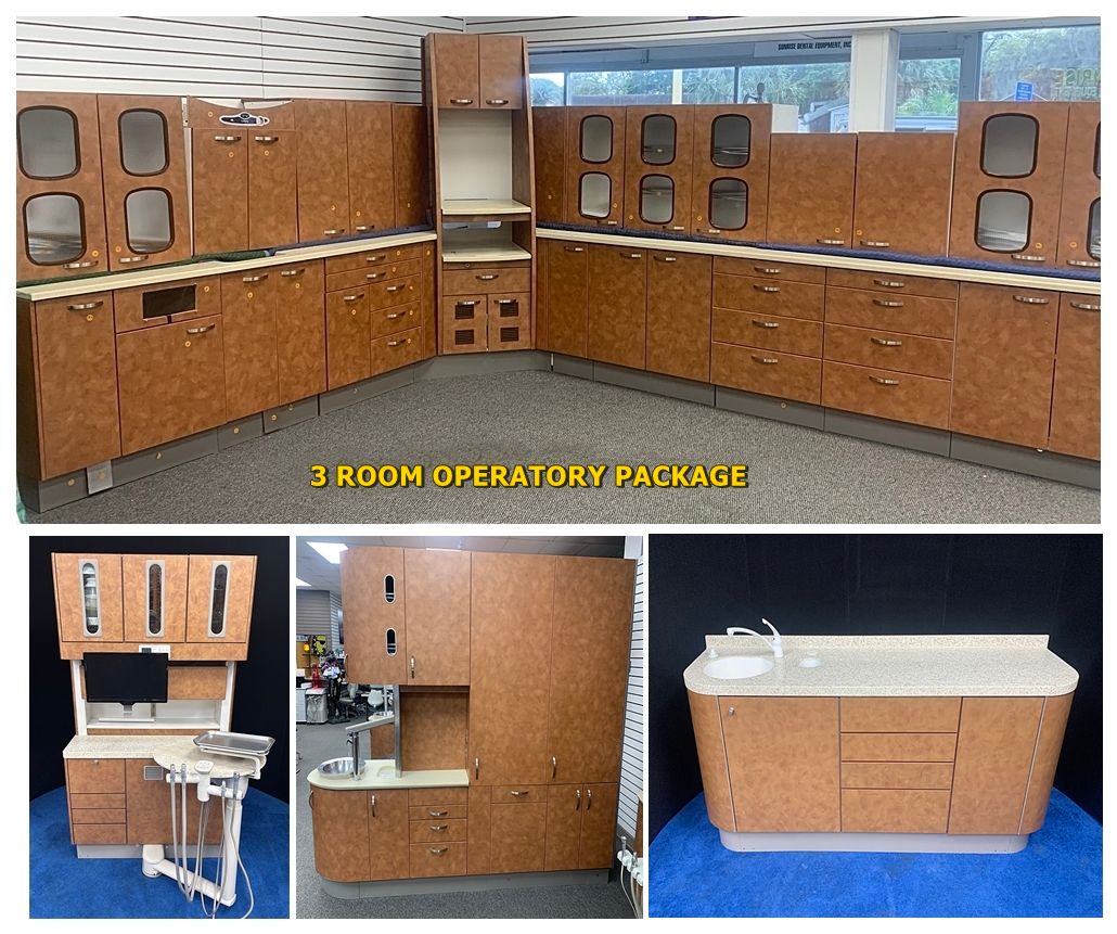 ADEC / Pelton & Crane 3 Room Cabinet Package - 3 Rear Treatments w/ Assistant Pkg. - 2 Center Islands - 2 Side Cabinets - Sterilization Center *Certified Used Condition ADEC / Pelton & Crane 3 Room Cabinet Package - 3 Rear Treatments w/ Assistant Pkg. - 2 Center Islands - 2 Side Cabinets - Sterilization Center *Certified Used Condition