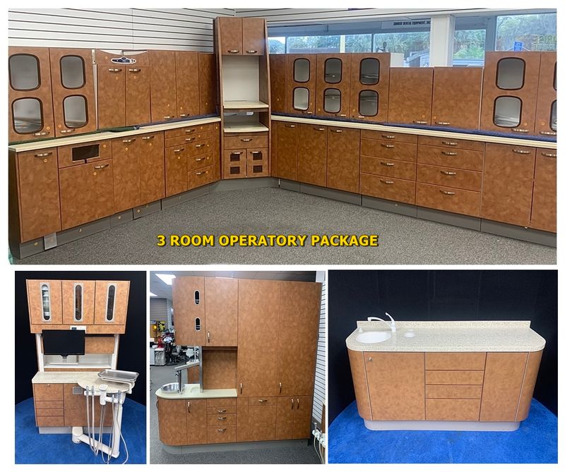 ADEC / Pelton & Crane 3 Room Cabinet Package - 3 Rear Treatments w/ Assistant Pkg. - 2 Center Islands - 2 Side Cabinets - Sterilization Center *Certified Used Condition ADEC / Pelton & Crane 3 Room Cabinet Package - 3 Rear Treatments w/ Assistant Pkg. - 2 Center Islands - 2 Side Cabinets - Sterilization Center *Certified Used Condition