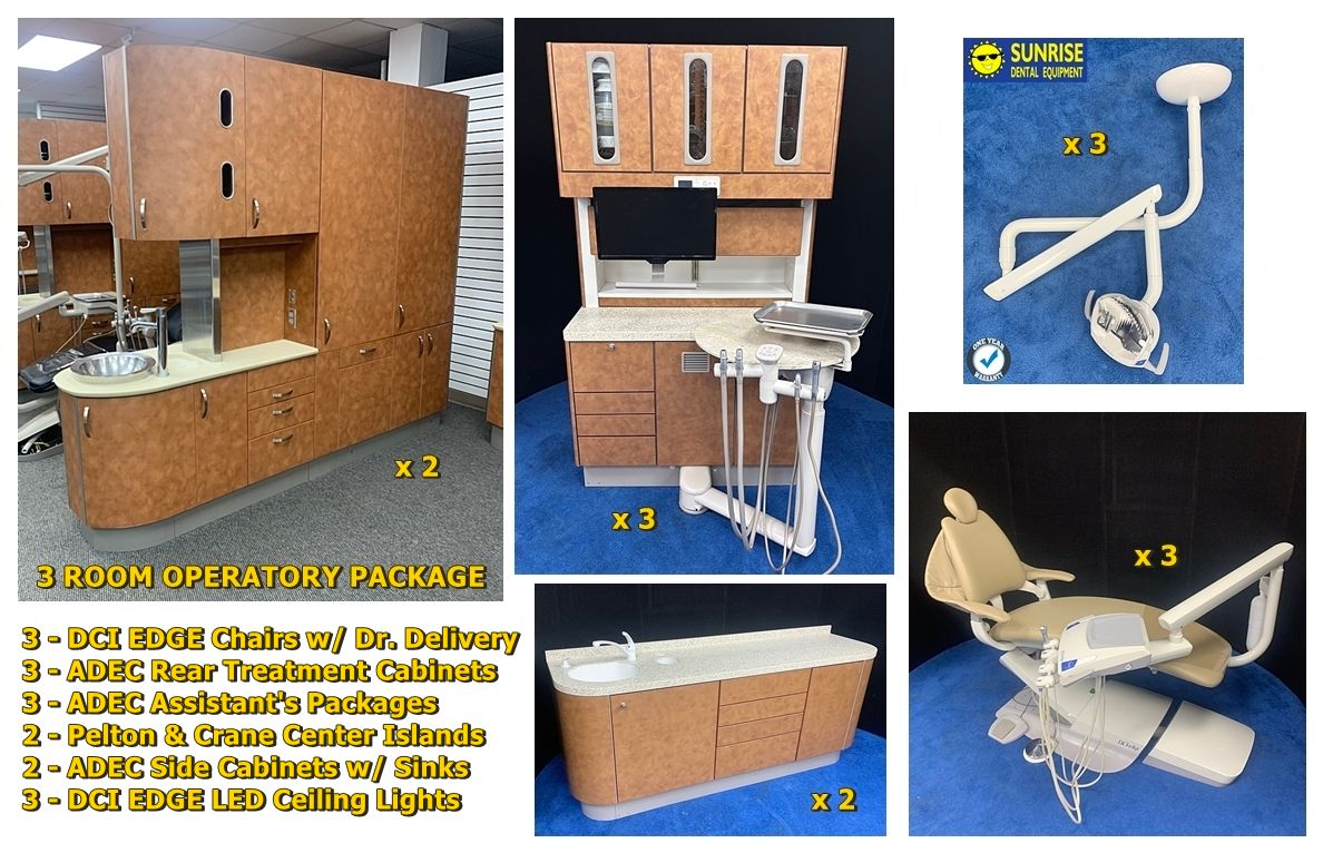 ADEC - Pelton Crane - DCI Edge 3 Room Operatory Pkg. - 3 Rear Cabinets, 2 Center Islands, 2 Side Cabinets, 3 DCI Edge Chairs, 3 DCI Edge LED Ceiling Lights ADEC - Pelton Crane - DCI Edge 3 Room Operatory Pkg. - 3 Rear Cabinets, 2 Center Islands, 2 Side Cabinets, 3 DCI Edge Chairs, 3 DCI Edge LED Ceiling Lights