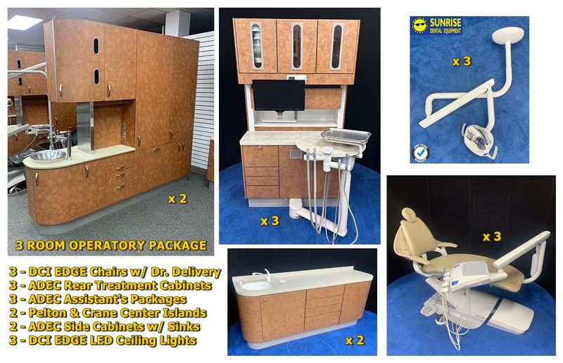 ADEC - Pelton Crane - DCI Edge 3 Room Operatory Pkg. - 3 Rear Cabinets, 2 Center Islands, 2 Side Cabinets, 3 DCI Edge Chairs, 3 DCI Edge LED Ceiling Lights ADEC - Pelton Crane - DCI Edge 3 Room Operatory Pkg. - 3 Rear Cabinets, 2 Center Islands, 2 Side Cabinets, 3 DCI Edge Chairs, 3 DCI Edge LED Ceiling Lights