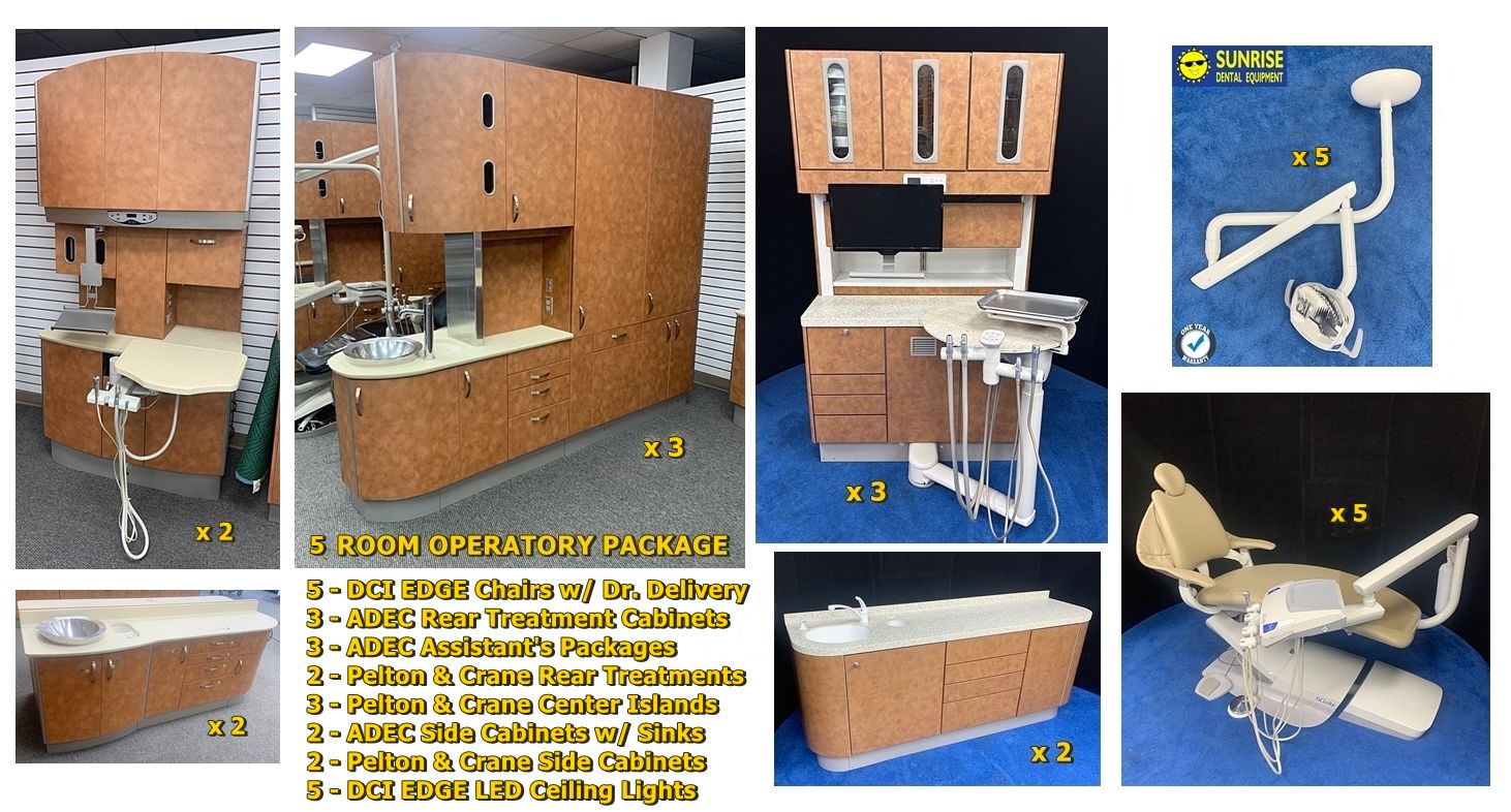ADEC - Pelton Crane - DCI Edge 5 Room Operatory Pkg. - 5 Rear Cabinets, 3 Center Islands, 4 Side Cabinets, 5 DCI Edge Chairs, 5 DCI Edge LED Ceiling Lights ADEC - Pelton Crane - DCI Edge 5 Room Operatory Pkg. - 5 Rear Cabinets, 3 Center Islands, 4 Side Cabinets, 5 DCI Edge Chairs, 5 DCI Edge LED Ceiling Lights