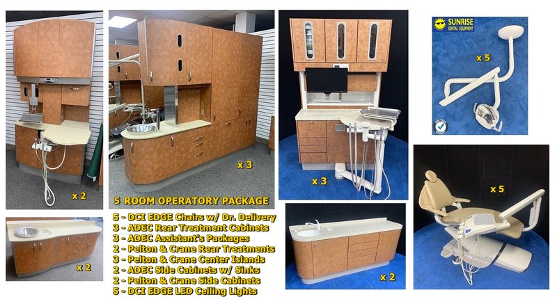 ADEC - Pelton Crane - DCI Edge 5 Room Operatory Pkg. - 5 Rear Cabinets, 3 Center Islands, 4 Side Cabinets, 5 DCI Edge Chairs, 5 DCI Edge LED Ceiling Lights ADEC - Pelton Crane - DCI Edge 5 Room Operatory Pkg. - 5 Rear Cabinets, 3 Center Islands, 4 Side Cabinets, 5 DCI Edge Chairs, 5 DCI Edge LED Ceiling Lights