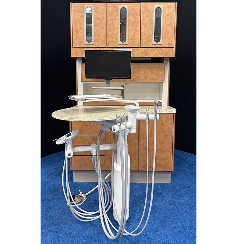 ADEC 5580 Dental Rear Treatment Console w/ Adec 541 Dr. Delivery & Assistant Pkg. - Deluxe Touchpad - Antique Brush Finish (42"W) - Sliding Monitor Mount  *Certified Used Condition