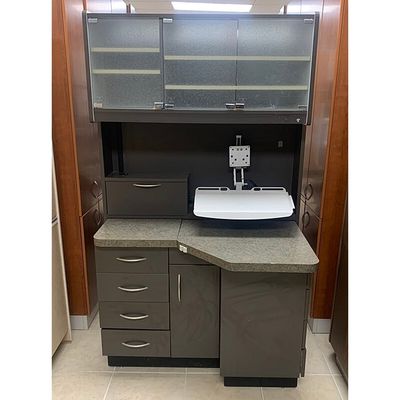 Custom Dental (43"W) Rear Treatment Cabinet w/ Glass Doors - Dark Gray Laminate - Good Used Condition
