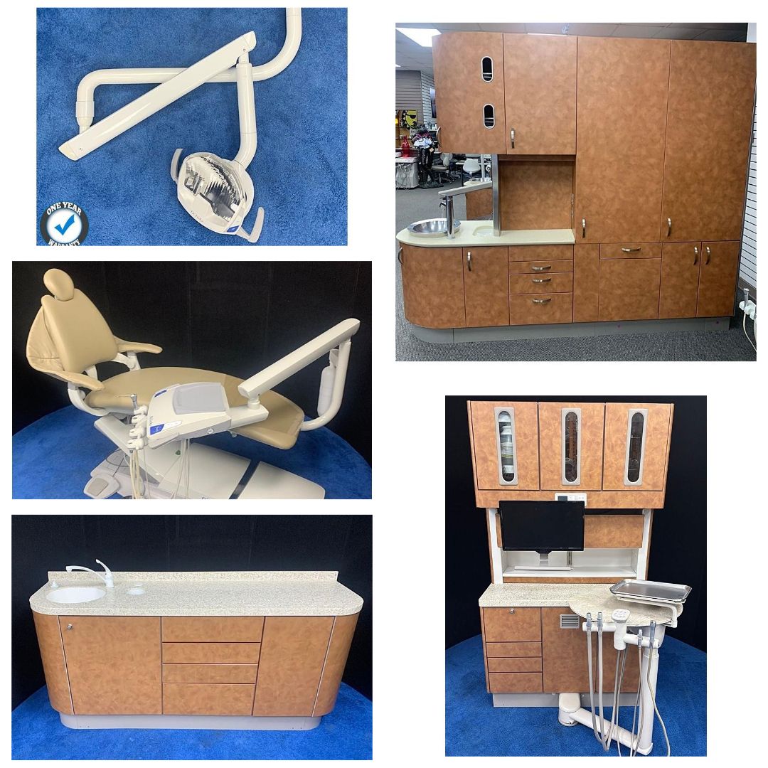 3 ROOM DENTAL OFFICE PACKAGE - Adec / Pelton & Crane - 3 Rear Treatments w/ Asst. Pkg, 2 Center Islands, 3 DCI Chairs w/ Delivery, 3 DCI LED Ceiling Mount Lights, 2 Side Cabinets *Refurbished