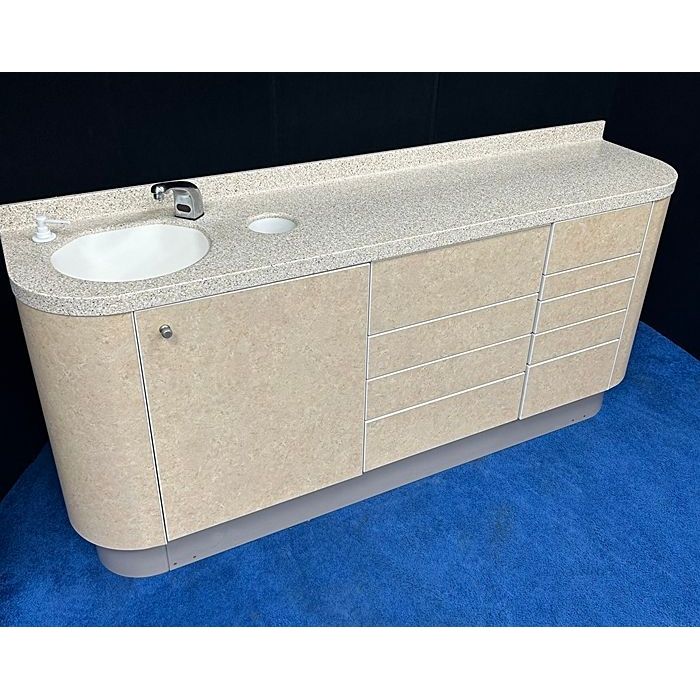 ADEC 5531 Dental Side Cabinet w/ Left Side Sink & Automatic Faucet - Baha Melange Solid Surface Countertop (72"L) - Sandstone Laminate *Excellent Used Condition