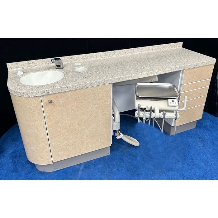 ADEC 5531 Dental Side Cabinet w/ Left Side Sink & Automatic Faucet - Baha Melange Solid Surface Countertop (72"L) - Sandstone Laminate - Delivery Unit Access Area *Excellent Used Condition