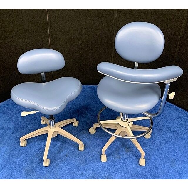 Crown Seating Dental Stool Set - BCS70 Doctor & BCS40 Assistant Combo Stools - Very Good Used Condition Upholstery - Blue Vinyl