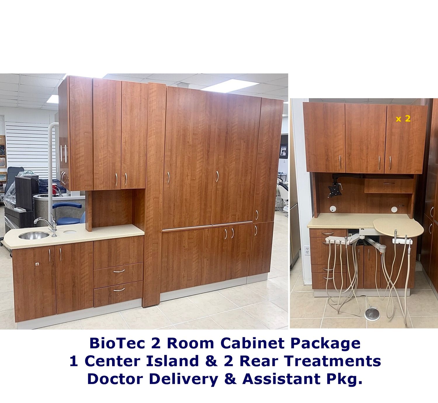 2 ROOM BioTec Dental Office Cabinet Package - 2 Rear Treatments & 1 Center Island (Amber Cherry) *Certified Used Condition