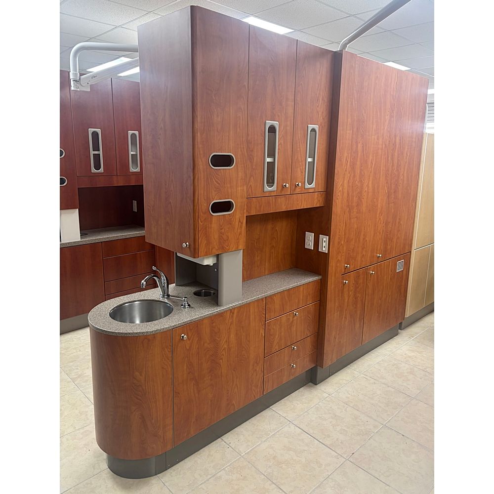 ADEC 5543 Dental Center Island Cabinet - Wild Cherry Laminate - Quarry Melange Solid Countertop (107"L) *Excellent Used Condition