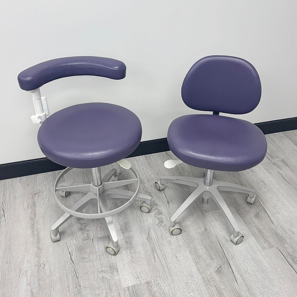 ADEC 1601-1622 (White) Dental Doctor & Assistant's Stool Set - Very Good Used Ultraleather Upholstery (Plum) *Excellent Used Condition ADEC 1601-1622 (White) Dental Doctor & Assistant's Stool Set - Very Good Used Ultraleather Upholstery (Plum) *Excellent Used Condition